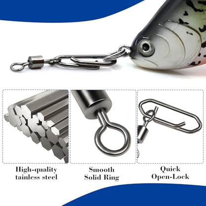 55Pcs High Strength Fishing Swivels, Stainless Steel Speed Clips with Barrel Swivels, Saltwater/Freshwater Snaps Swivel Change Quick Clips Snap Black Nickel