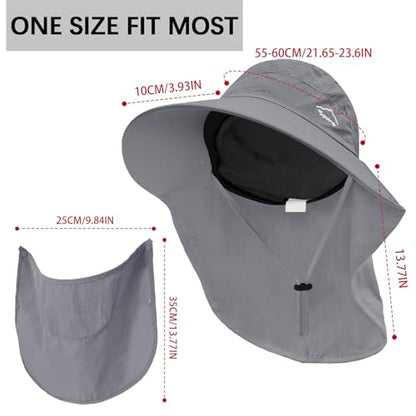 Rosoz Sun Hat for Men Women with Neck Flap,Wide Brim UPF50+ Fishing Hat with Detachable Face Cover Outdoor Sun Protection Hat - color: 1pack-dark Grey