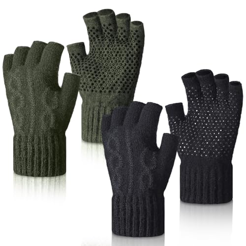 Geyoga 2 Pairs Wool Fingerless Fishing Gloves for Men Women Anti-Slip with Grip Dots Warm Winter Fly Ice Fishing Gloves - color: Black and Green, style: Fingerless