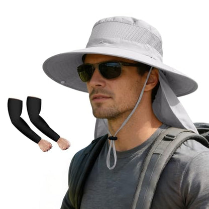 ZOORON Sun Hats for Men Women Fishing Hat with Neck Flap,UPF 50+ Sun Hat Waterproof Wide Brim Bucket Hats for Safari Hiking - color: 1-light Grey-arm Sleeves