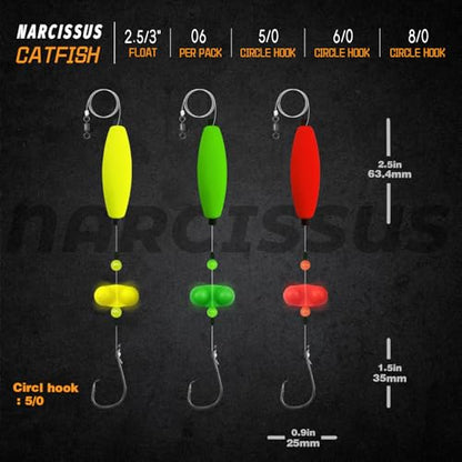 Narcissus Catfish Rigs Set – 6 Pre-Tied Rigs with 2 Sinker Sliders, Float Rigs Tackle, Santee Rig, Circle Hooks 6/0 – Complete & Ready-to-Use Kit - color: Hook Size 5/0-Weight 2 oz