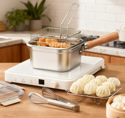 Stainless Steel Deep Fryer, Square Frying Pot with Basket and Lid Portable Deep Frying Pan with Handle Oil Strainer Pot Multifunctional Deep Fryer for Frying Fish Chicken and Fries
