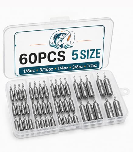 SANWEAL Drop Shot Weights Fishing Sinkers, 36/60pcs Skinny Pencil Sinkers with Barrel Swivels, Lead Fishing Weights Assorted 1/8oz 3/16oz 1/4oz 3/8oz 1/2oz for Bass Fishing, Freshwater Saltwater - size: 60 pcs / 5 Sizes