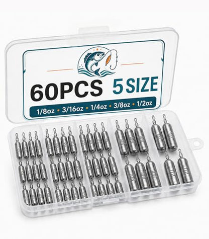 SANWEAL Drop Shot Weights Fishing Sinkers, 36/60pcs Skinny Pencil Sinkers with Barrel Swivels, Lead Fishing Weights Assorted 1/8oz 3/16oz 1/4oz 3/8oz 1/2oz for Bass Fishing, Freshwater Saltwater - size: 60 pcs / 5 Sizes