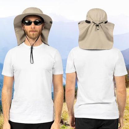 SUN CUBE UPF50+ Sun Hat for Men Women with Neck Flap, Wide Brim UV Protection Fishing Safari Hat for Hiking Beach Gardening - color: Tan
