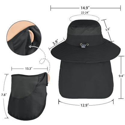 Sun Hats for Men Women Fishing Hat UPF 50+ Breathable Wide Brim Bucket Hats Summer UV Protection Safari Hat with Neck Flap - color: Black (With Face Cover)