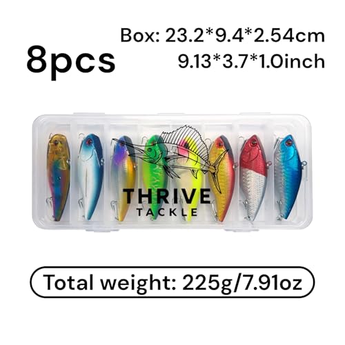8-Piece Lipless Crankbait Vib Fishing Lure Set with Tackle Box - Rattle Bait VIB Lures for Freshwater and Saltwater Bass Fishing - Vibrating Hard Baits with Treble Hooks | Thrive Tackle