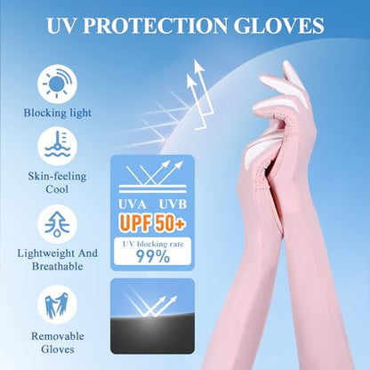 2 Pairs UV Protection Gloves Full Arm Sunblock Gloves with Ventilation Holes, Summer Sun Protection Gloves for Driving - color: 2 Pink