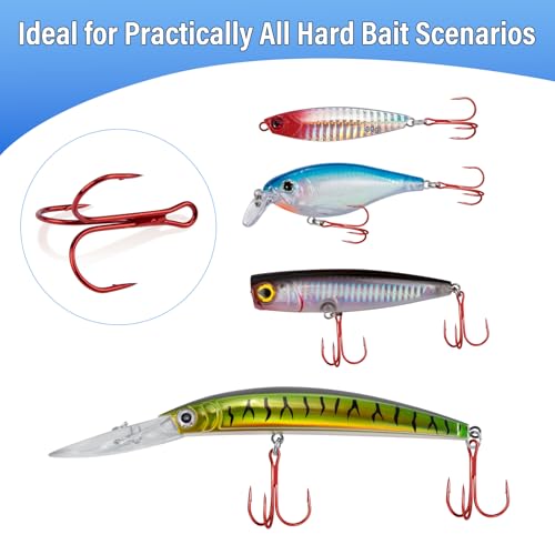 Dr.Fish 50 Pack Treble Fishing Hooks, Red Round Bend Triple Grip Saltwater Freshwater High Carbon Steel Fish Hooks for Catfish Bass Trout Replacement Hard Baits Lures - size: #4-50 Pack