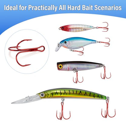 Dr.Fish 50 Pack Treble Fishing Hooks, Red Round Bend Triple Grip Saltwater Freshwater High Carbon Steel Fish Hooks for Catfish Bass Trout Replacement Hard Baits Lures - size: #12-50 Pack