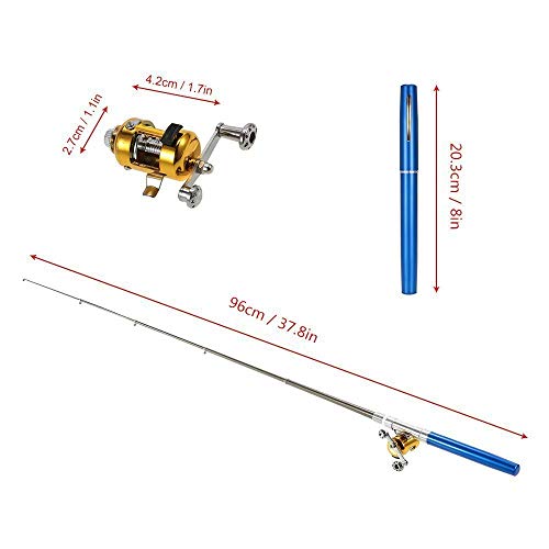 Jatzde Mini Portable Pocket Fish Rod Pen Aluminum Alloy Fishing Rod Pole Reel Combos… - color: Blue