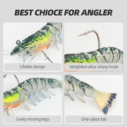 Pre-Rigged Weighted Shrimp & Crawfish Fishing Lures – Soft Bait with Lead Weight, Weedless, Realistic Action – Durable for Bass, Trout, Crappie, Saltwater & Freshwater Fishing - size: 3.5in-3/8oz