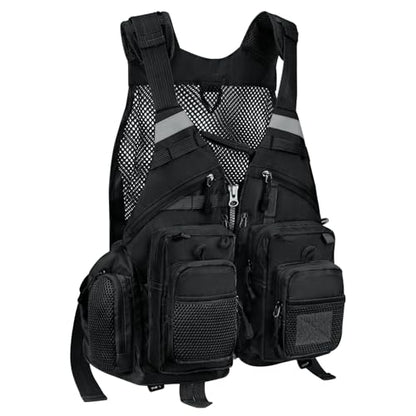 Gonex Fly Fishing Vest for Men Women, Comfortable Adjustable Fishing Vest with Multi-Pockets Reflective Stripes - color: Black