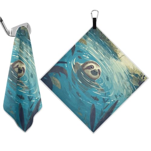 Sloth River Fish Teal Pattern Magnetic Golf Towel for Golf Bags Microfiber Golf Accessories for Women Men with Carabiner Clip Attaches to Clubs and Carts, 17.7"x17.7"