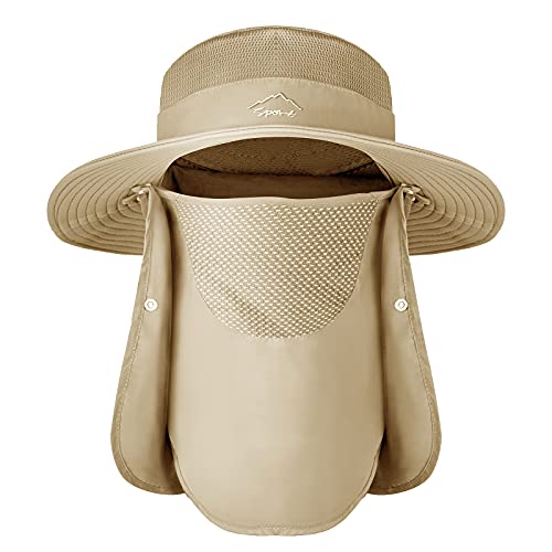 Sun Hats for Men Women, UPF 50+ Waterproof Bucket Hat, Wide Brim Fishing Hat with Removable Face Cover & Neck Flap - color: Khaki