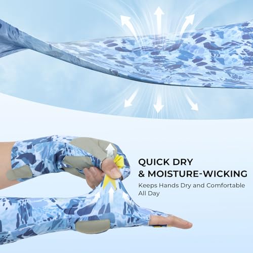 KastKing Agies Fishing Gloves Men, UPF 50+ Sun Gloves UV Protection, Cooling Quick-Dry 3/4 Fingerless Gloves with Extended Cuff, Microfiber Palm & Pull Tabs, for Fishing, Kayaking, Hiking, Hunting - color: X Camo-Blue, size: Small-Medium