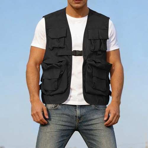 Fishing Vest - Fishing Vests for Men Lightweight Zip Up Sleeveless Utility Jackets Softshell Outwear Vests with Pockets - color: 01# Black, size: XX-Large