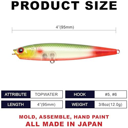 LUCKY CRAFT Gunfish 95NF Top Water Bass Fishing Lures, 4” Floating Lure with Cupped Mouth, Freshwater Trout and Bass Lures Fishing Gear, Accessories for Tackle Box - color: 474 Arari