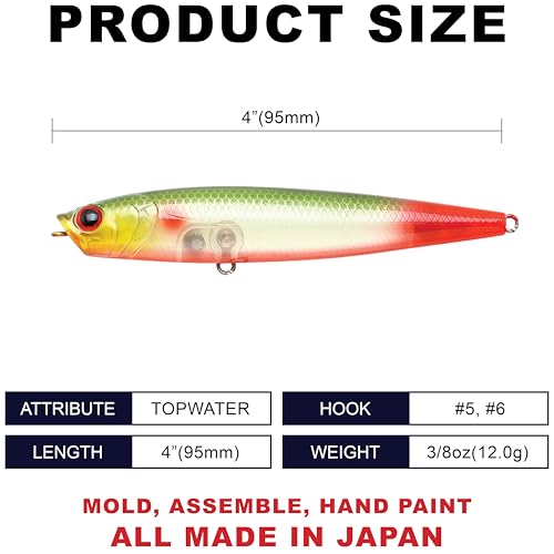 LUCKY CRAFT Gunfish 95NF Top Water Bass Fishing Lures, 4” Floating Lure with Cupped Mouth, Freshwater Trout and Bass Lures Fishing Gear, Accessories for Tackle Box - color: 474 Arari