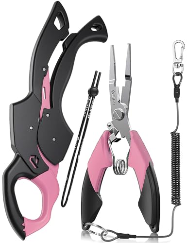Fish Gripper 9.2",Muti-Function Line Cutter Fishing Pliers, Saltwater Fishing Tool Kit,Fishing Gear with Fishing Lanyard - color: pink