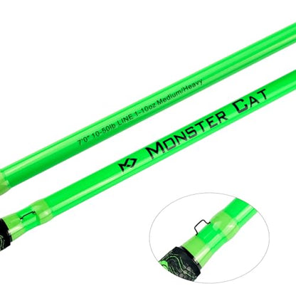 Monster Catfish Casting Rod, 7' MH Glow-in-Dark 1-Piece | Glow catfish rod with S-glass carbon blank, EVA grip, stainless guides, 10-50lb line and 1-10oz lures for night fishing - color: Green, size: ["Catfish Rod 7'-1pc-Medium Heavy"]