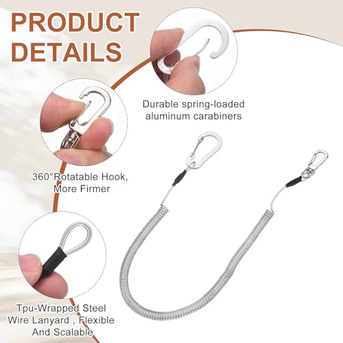 PATIKIL Fishing Lanyard, (118.11" Length, Silver) (3Pcs), Retractable Coiled Tether Anti-Lost Rope Coiled with Carabiners and 360° Safety Buckle, Suit for - Fishing/Hunting/Hiking/Boating - color: Silver, size: 118.11"