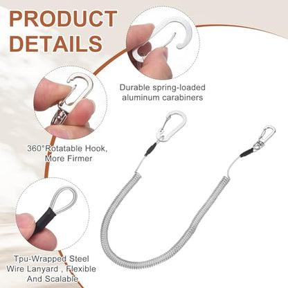 PATIKIL Fishing Lanyard, (118.11" Length, Silver) (3Pcs), Retractable Coiled Tether Anti-Lost Rope Coiled with Carabiners and 360° Safety Buckle, Suit for - Fishing/Hunting/Hiking/Boating - color: Silver, size: 118.11"