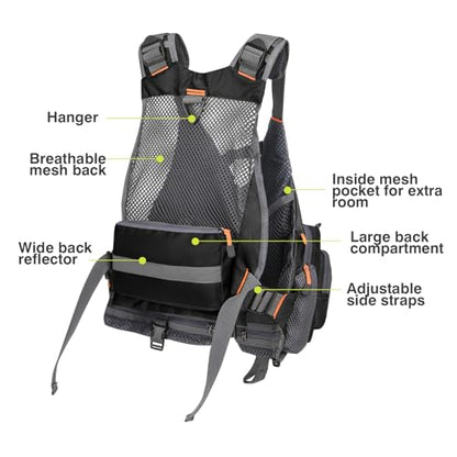 Gonex Fly Fishing Vest for Men Women, Comfortable Adjustable Fishing Vest with Multi-Pockets Reflective Stripes - color: Black+orange