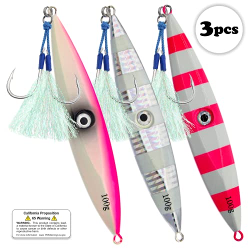 Fishing Jigs Vertical Saltwater Jigs Vertical Jigging Spoon Fishing Tuna Lures Boat Fishing Artificial Lures for Tuna, Grouper, Dogtooth, Snapper, Bass, Salmon/60g, 80g,120g - color: 3pcs-pink&white&red