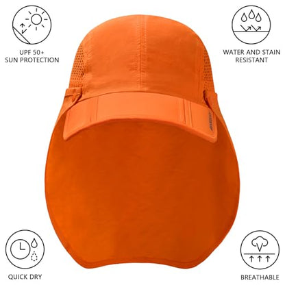 BASSDASH UPF 50+ Foldable Fishing Hat Baseball Cap with Removable Neck Flap Portable for Men Women Golf Hiking - color: Orange With Foldable Brim
