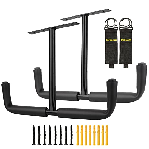 2 Set Overhead Garage Storage Rack, Heavy Duty Overhead Storage Double Hook, Ceiling Mount Hanger Safe Racks Hooks, Hanging for Lumber Ladder Storage & Other Bulky Items (Pack of 2 - Black) - size: Width 16.5in/42cm 2 pack