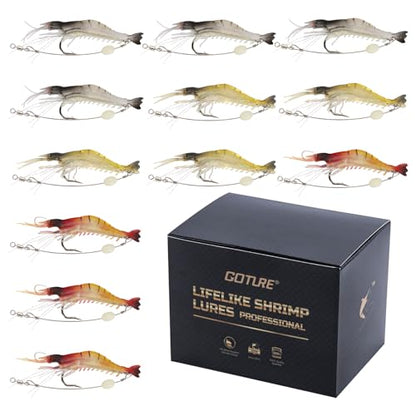 Goture Soft Shrimp Lures Fishing Saltwater Luminous Shrimp Bait Set Fishing Lures with Sharp Hooks for Freshwater Saltwater Trout Bass Salmon Crappie Walleye Pike Perch - color: B:12pcs Shrimp Lures-3.54in/0.21oz