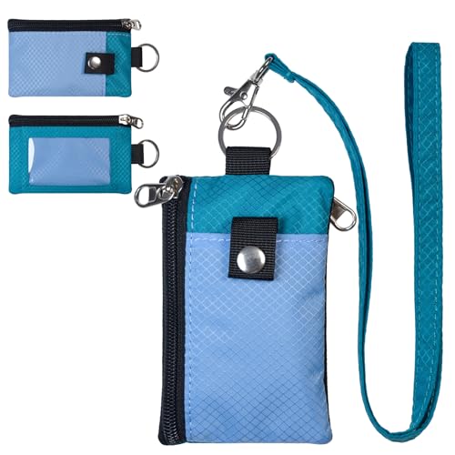 CHENSPRX Minimalist RFID Blocking Small Wallet with ID Window,WaterResistant Zip Id Case Wallet with Lanyard Keychain for Cards,Cash,Travel,Women,Men - color: Light Blue+Turquoise