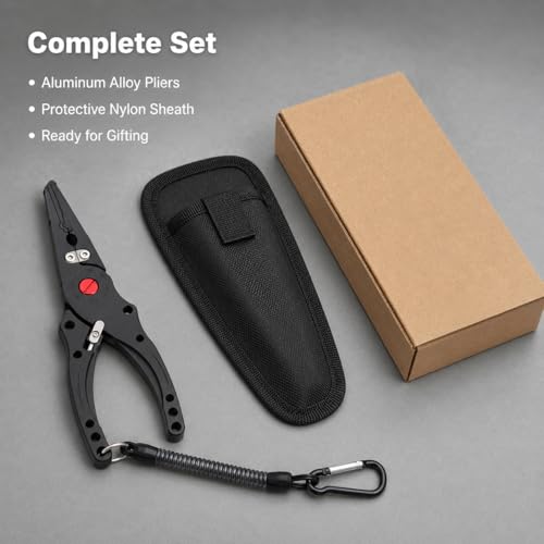 predolo Aluminum Alloy Fishing Pliers with Cutter, Hook Removal & Split Circle Tool, Nylon Sheath Included, 300g Lightweight, Black - color: Black