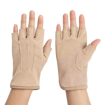 JIAHG Women Men's Driving Gloves Summer UV Sun Glove Non Slip Touchscreen Cotton Gloves Outdoor Sunblock Mittens for Cycling - color: Cotton-khaki Half Finger