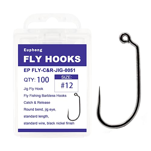 Eupheng Fly Fishing Hooks 100pc Pack Barbless Catch & Release Dry Wet Nymph Shrimp&Pupa, Streamer, Caddis, Jig, Scud Flies Fishing Hooks - color: EP Fly-C&R-JIG-0051, size: #12