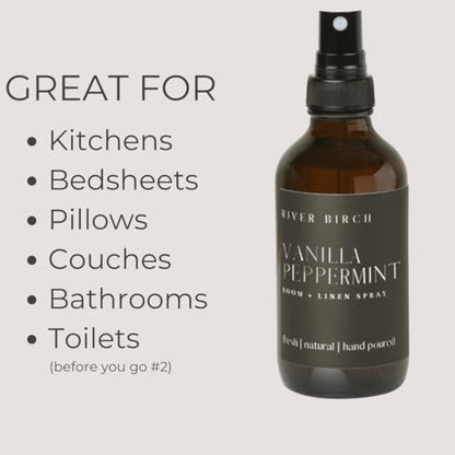 River Birch Vanilla Peppermint Scented Linen and Room Spray | Home Fragrance | 4 oz Glass Amber Bottle | Luxury Signature Scent | Handmade in Texas - color: Vanilla Peppermint