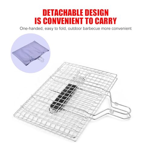 Grill Baskets Fish Grilling Basket for Outdoor Grilling Barbecue Stainless Steel Folding Grill Accessories with Removable Handle, Grill Basket for Bar, Camping, Picnics & Parties. Amazing Grill
