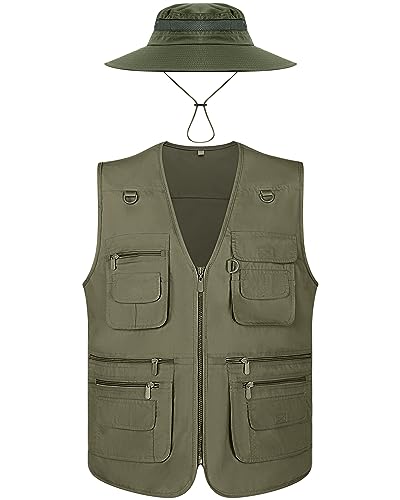 Janmercy 2 Pieces Men's Work Fishing Vest with Hat Lightweight Safari Travel Hunting Waistcoat With Multi Pockets Fishing Hat - color: Army Green, size: Small