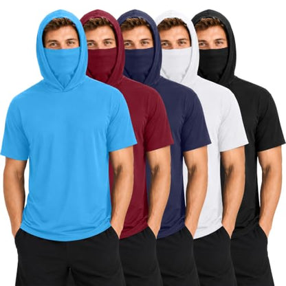 HovSiyla 5 Pack Mens Fishing Hoodie UPF Sun Protection Quick Dry Short Sleeve Shirts Hiking Casual Performance Face Mask Top - size: Small