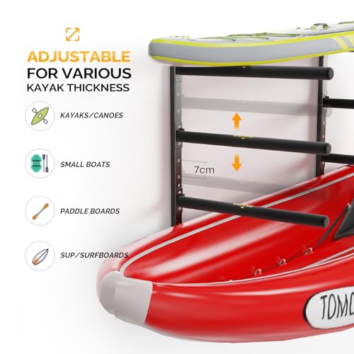 Bonnlo Kayak Storage Rack, Adjustable Heavy Duty Kayak Rack for Kayaks Paddle Boards, Kayak Paddle Holder for Garage, Spacesaver, Gentle on Padding, Boat Organizer - style: 4 Kayaks, Wall Mount