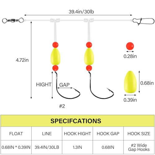 Alwonder 5-Pack Pompano Rigs Surf Fishing Rigs with Snell Floats, Saltwater Live Bait Rig Swivels Duo Lock Snaps Circle Wide Gap Kahle Hooks Rig for Beach Surf Casting Pier Jetty Fishing - color: Yellow 5-Pack, size: #2 Wide Gap Hook