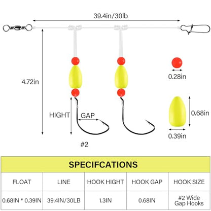 Alwonder 5-Pack Pompano Rigs Surf Fishing Rigs with Snell Floats, Saltwater Live Bait Rig Swivels Duo Lock Snaps Circle Wide Gap Kahle Hooks Rig for Beach Surf Casting Pier Jetty Fishing - color: Yellow 5-Pack, size: #2 Wide Gap Hook