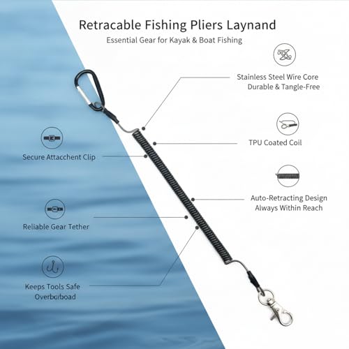 Retractable Fishing Pliers Lanyard, Stainless Steel Wire Tool Tether with TPU Coating, Auto-Retracting Clip for Kayak and Boat Fishing Gear Security (1 PC)