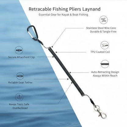 Retractable Fishing Pliers Lanyard, Stainless Steel Wire Tool Tether with TPU Coating, Auto-Retracting Clip for Kayak and Boat Fishing Gear Security (1 PC)