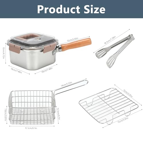 Stainless Steel Deep Fryer, Square Frying Pot with Basket and Lid Portable Deep Frying Pan with Handle Oil Strainer Pot Multifunctional Deep Fryer for Frying Fish Chicken and Fries
