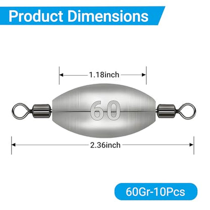Polsefve Inline Trolling Fishing Weights with Inner Swivels, Oval Drop Casting Sinkers Lead Sinker Tackle for Catfish Bass Saltwater & Freshwater Bottom Fish(10g/15g/20g/30g/40g/60g) - color: 21/8oz-10pcs