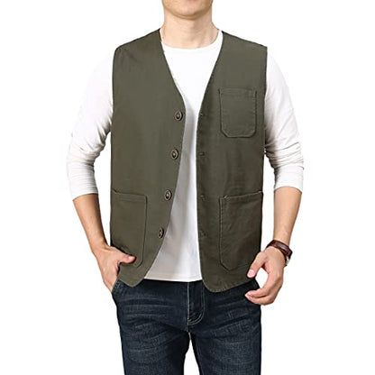 PRIJOUHE Men's Casual Outdoor Cotton Vest Lightweight Breathable Multi-Pocket Fishing Safari Travel Vests Outwear - color: 02-green, size: X-Large