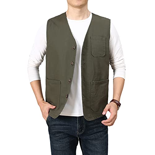 PRIJOUHE Men's Casual Outdoor Cotton Vest Lightweight Breathable Multi-Pocket Fishing Safari Travel Vests Outwear - color: 02-green, size: XX-Large