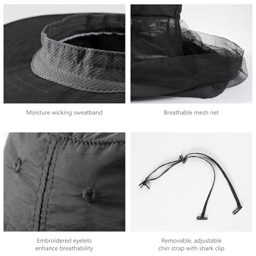 BASSDASH UPF 50+ Mosquito Sun Hat with Hidden Head Net and Neck Flap for Men Women Outdoor Fishing Hiking Camping - color: Black